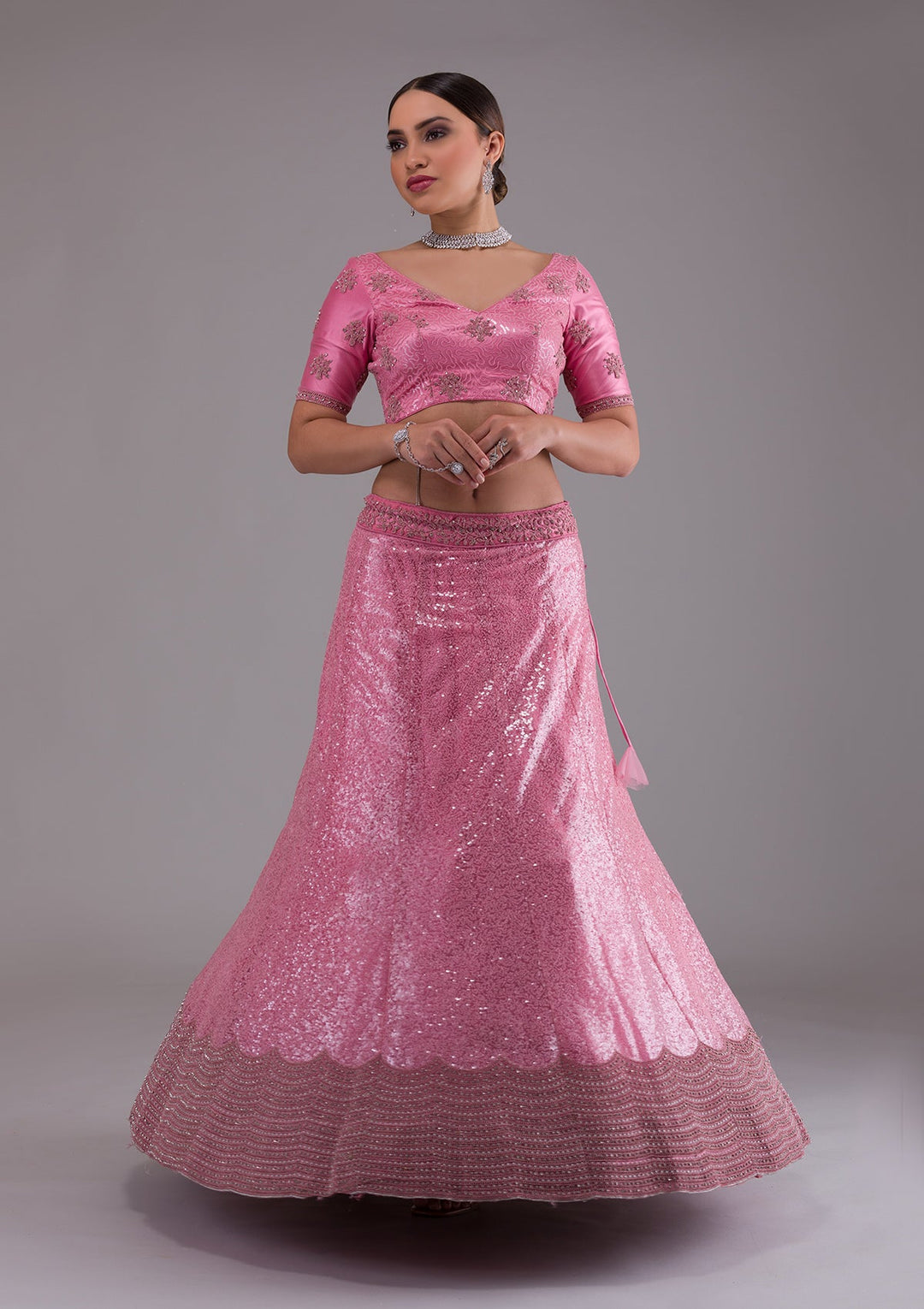 Onion Pink Stonework Net Designer Lehenga-Koskii