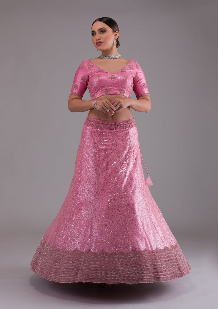 Onion Pink Stonework Net Designer Lehenga-Koskii