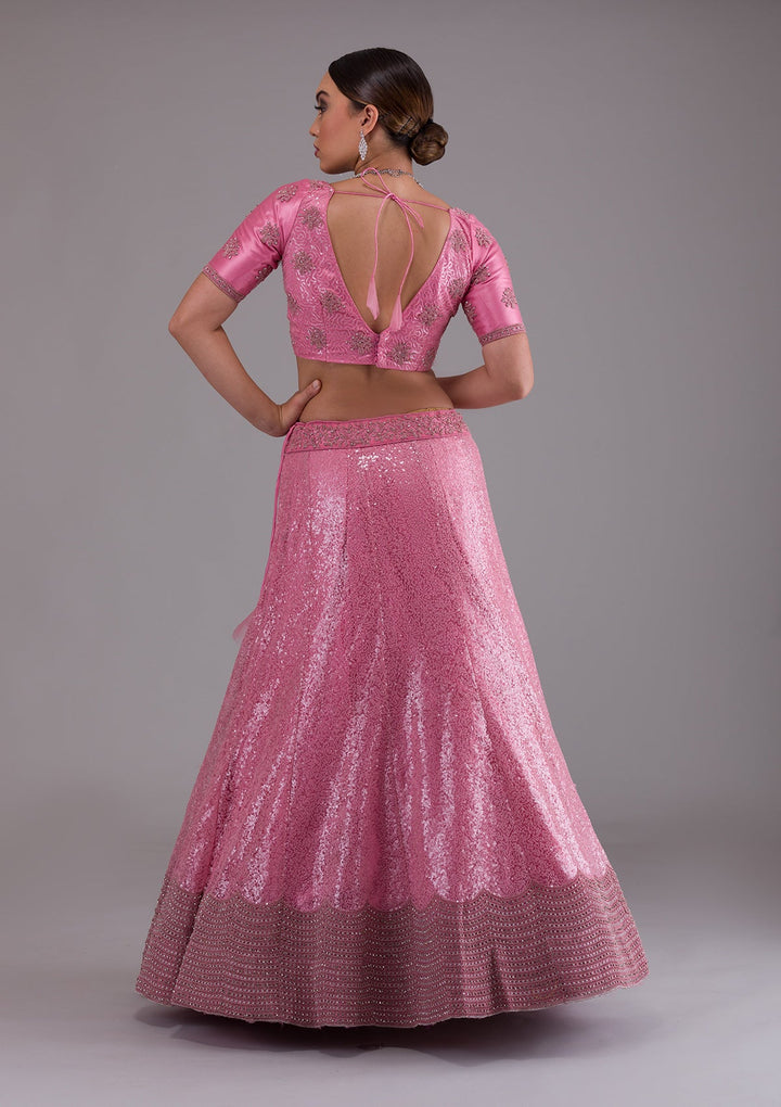 Onion Pink Stonework Net Designer Lehenga-Koskii