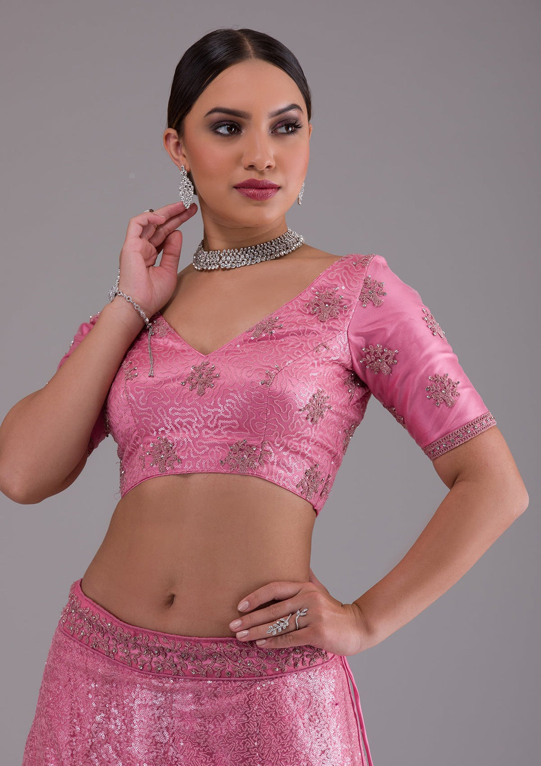 Onion Pink Stonework Net Designer Lehenga-Koskii