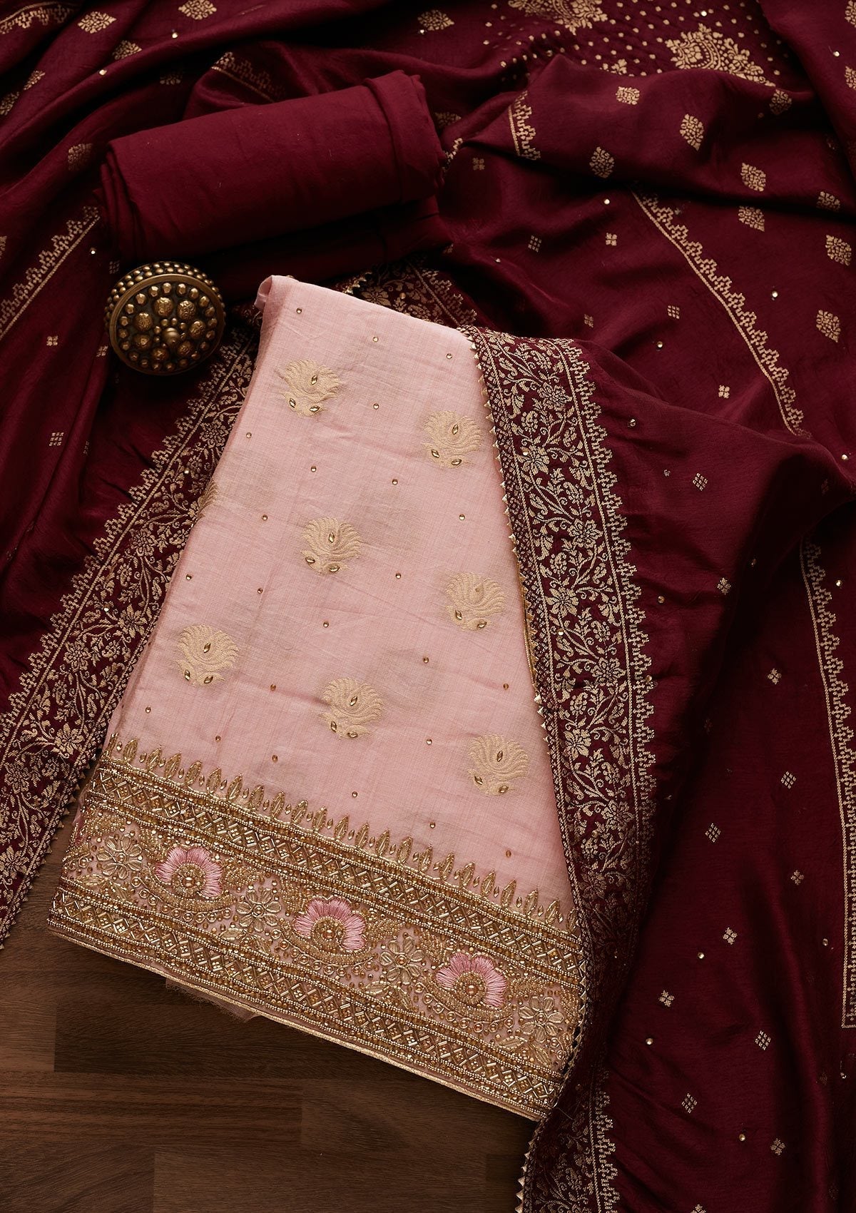 Onion Pink Stonework Semi Crepe Designer Unstitched Salwar Suit - Koskii