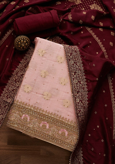 Onion Pink Stonework Semi Crepe Designer Unstitched Salwar Suit - Koskii