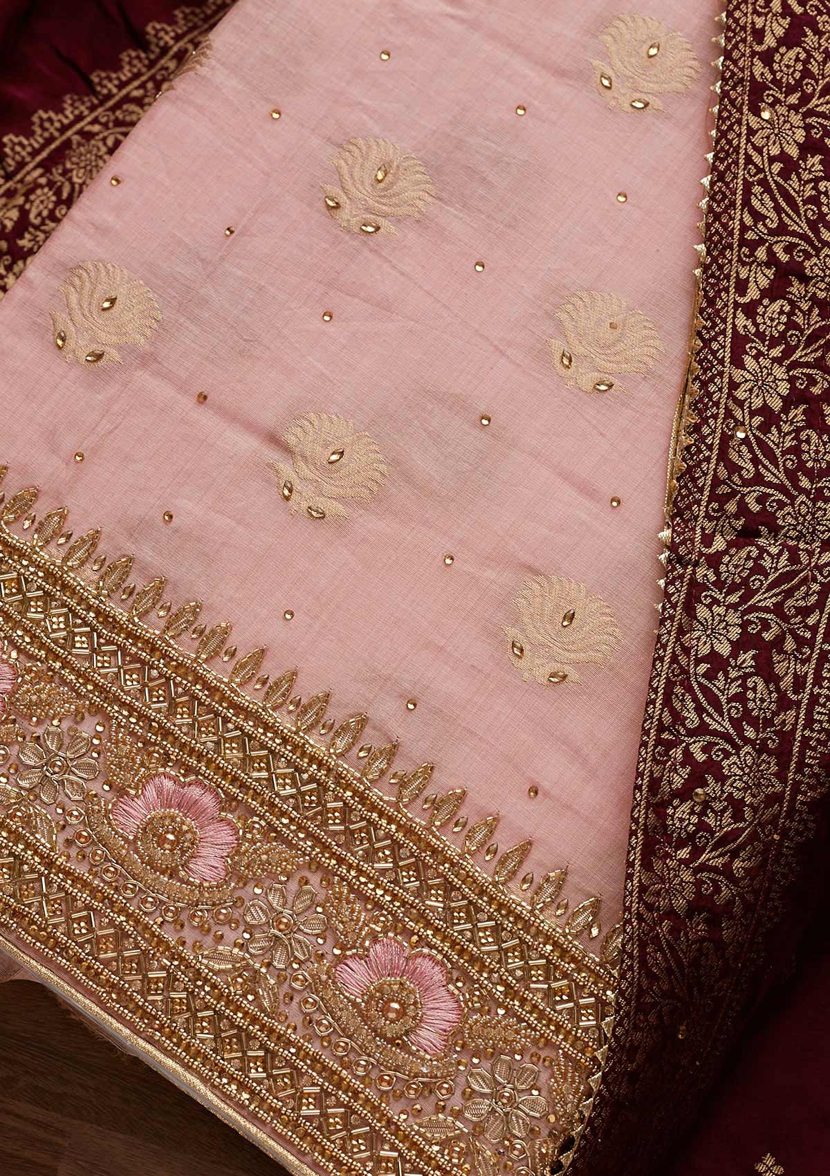 Onion Pink Stonework Semi Crepe Designer Unstitched Salwar Suit - Koskii