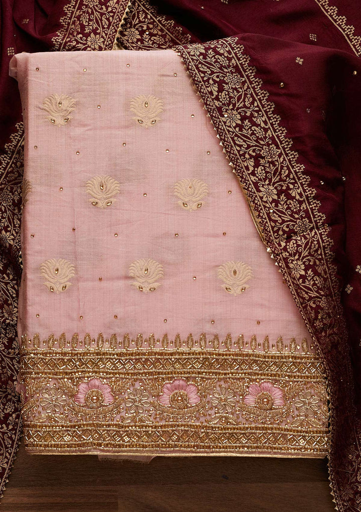 Onion Pink Stonework Semi Crepe Designer Unstitched Salwar Suit - Koskii