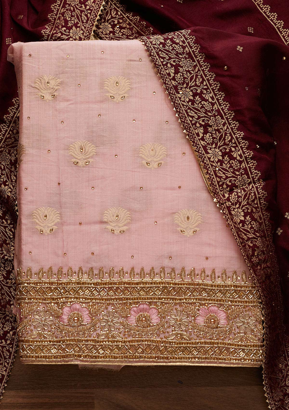 Onion Pink Stonework Semi Crepe Designer Unstitched Salwar Suit - Koskii