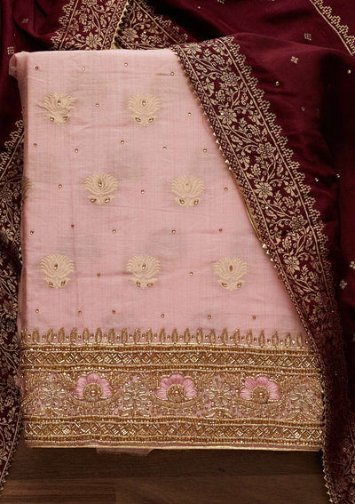 Onion Pink Stonework Semi Crepe Designer Unstitched Salwar Suit - Koskii