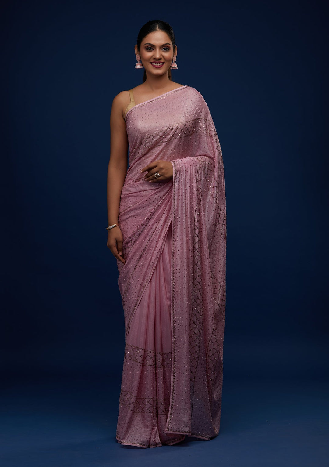 Onion Pink Stonework Semi Crepe Designer Saree - Koskii