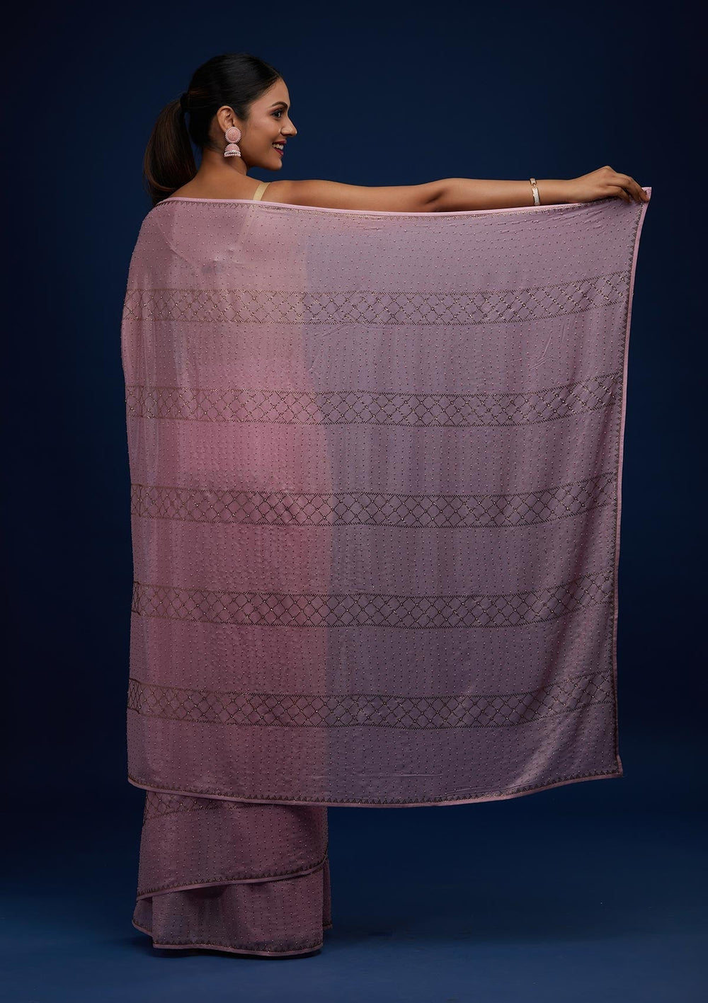 Onion Pink Stonework Semi Crepe Designer Saree - Koskii
