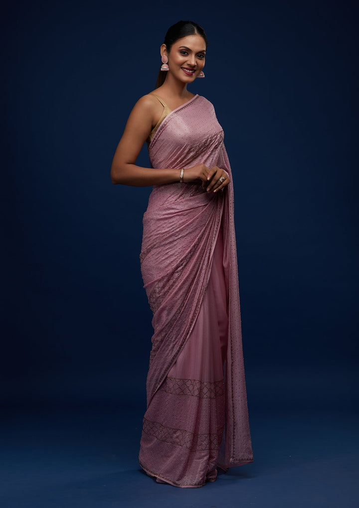 Onion Pink Stonework Semi Crepe Designer Saree - Koskii