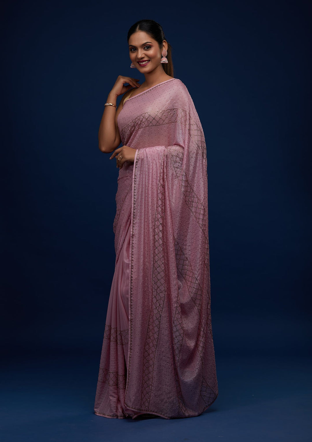 Onion Pink Stonework Semi Crepe Designer Saree - Koskii