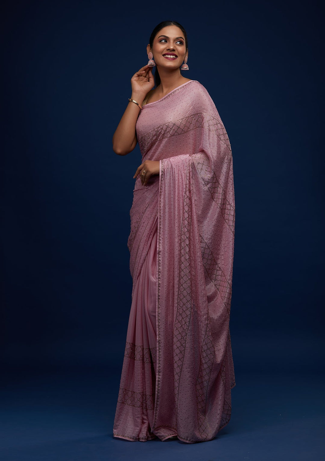 Onion Pink Stonework Semi Crepe Designer Saree - Koskii