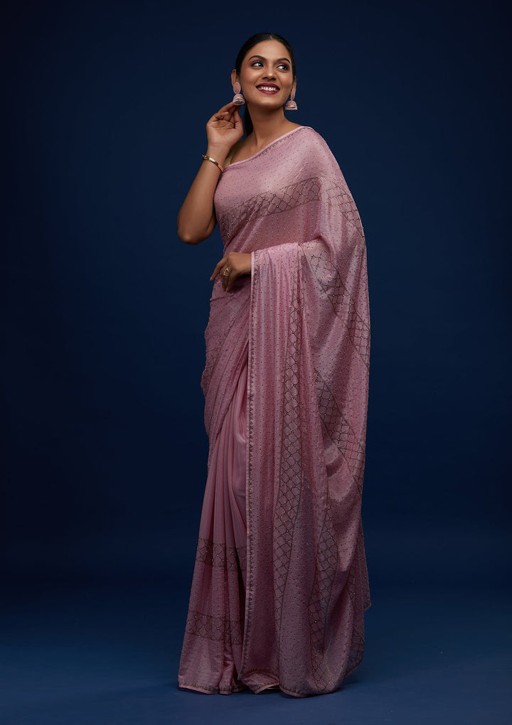 Onion Pink Stonework Semi Crepe Designer Saree - Koskii