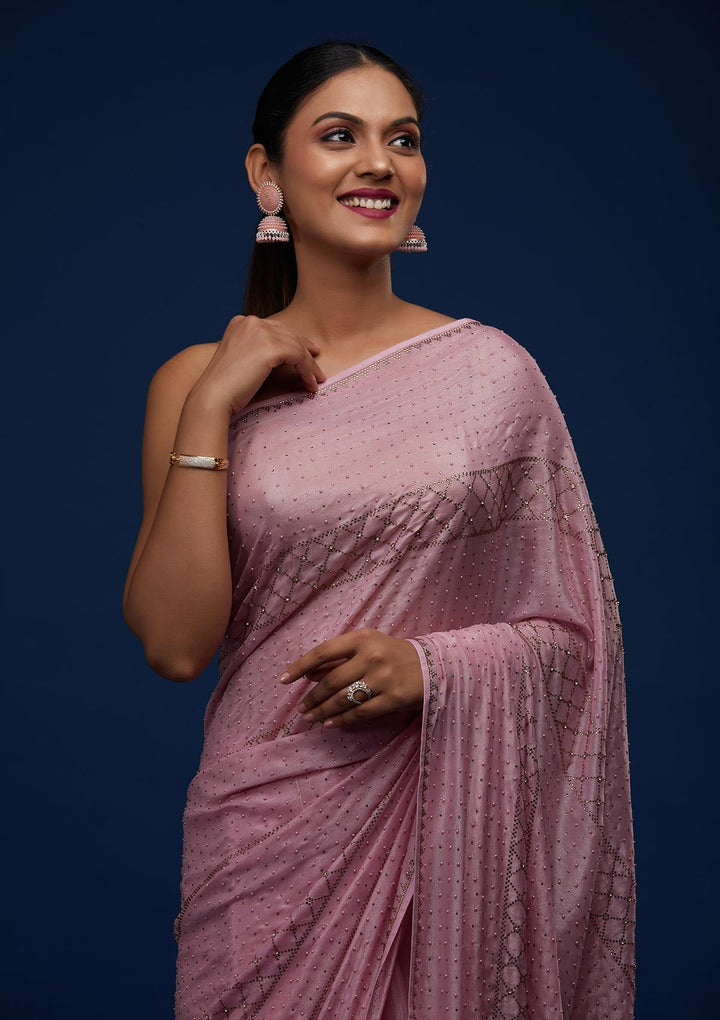 Onion Pink Stonework Semi Crepe Designer Saree - Koskii