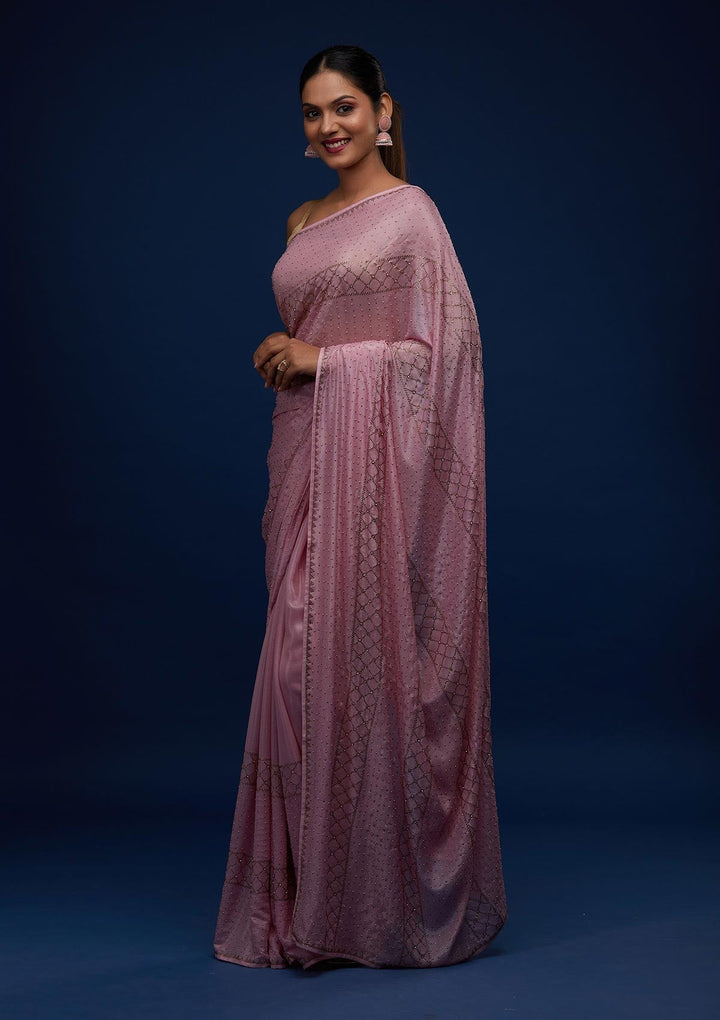 Onion Pink Stonework Semi Crepe Designer Saree - Koskii