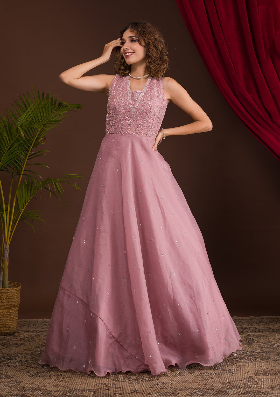 Onion Pink Stonework Tissue Designer Gown Onion Pink Stonework Tissue Designer Gown