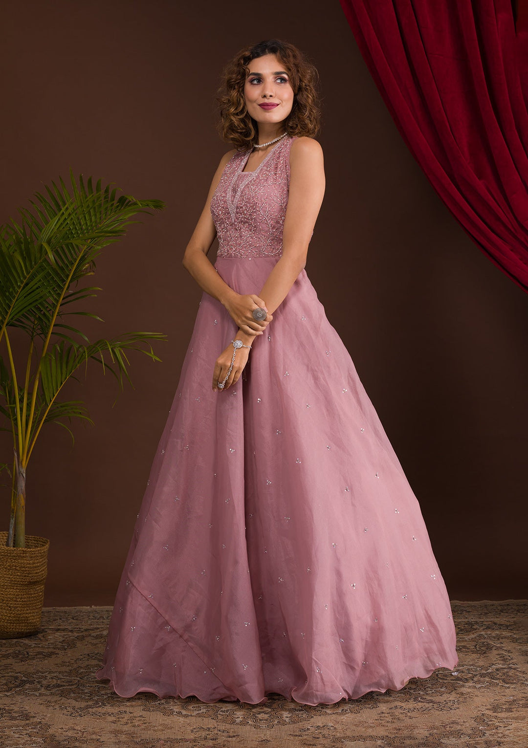 Buy Onion Pink Stonework Tissue Designer Gown - Koskii Buy Onion Pink Stonework Tissue Designer Gown - Koskii