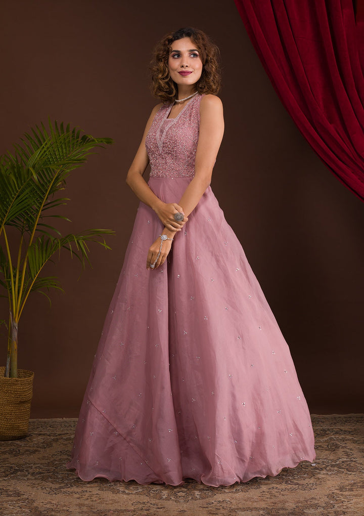 Onion Pink Stonework Tissue Designer Gown-Koskii