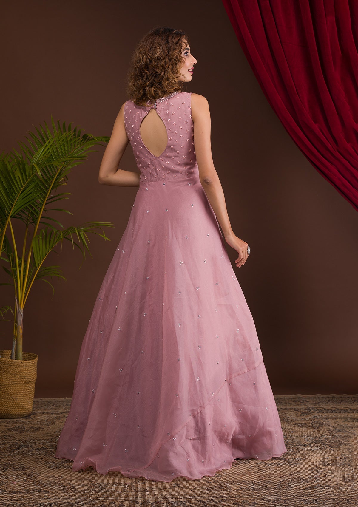 Onion Pink Stonework Tissue Designer Gown-Koskii
