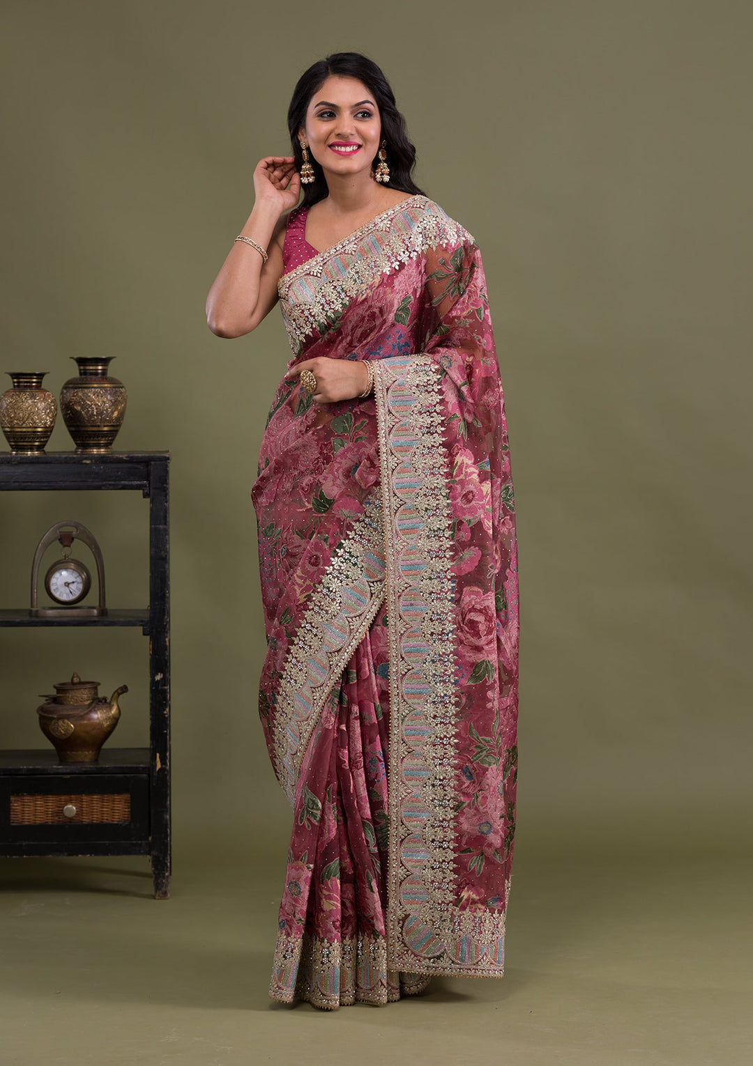 Onion Pink Stonework Tissue Saree-Koskii