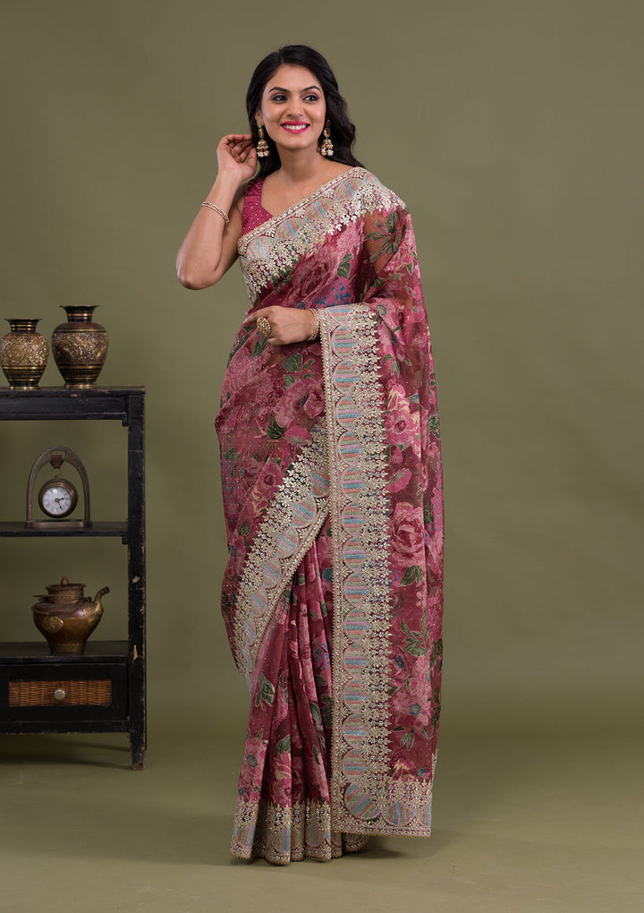 Onion Pink Stonework Tissue Saree-Koskii
