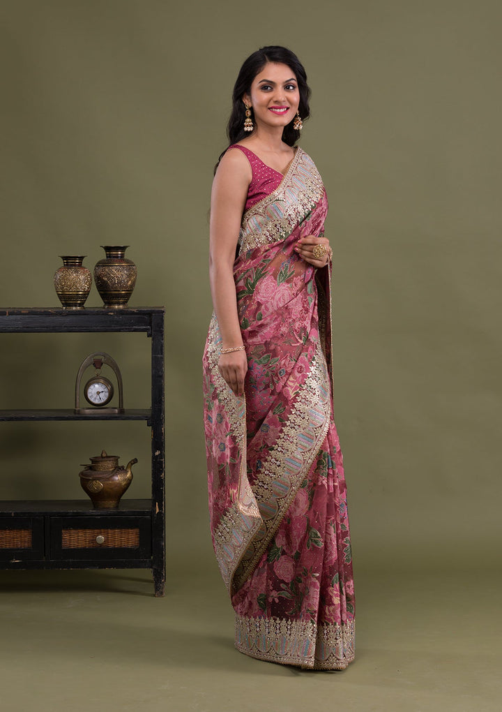 Onion Pink Stonework Tissue Saree-Koskii