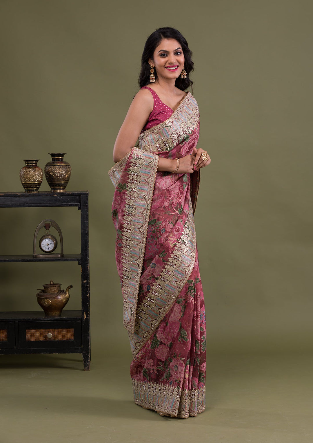 Onion Pink Stonework Tissue Saree-Koskii