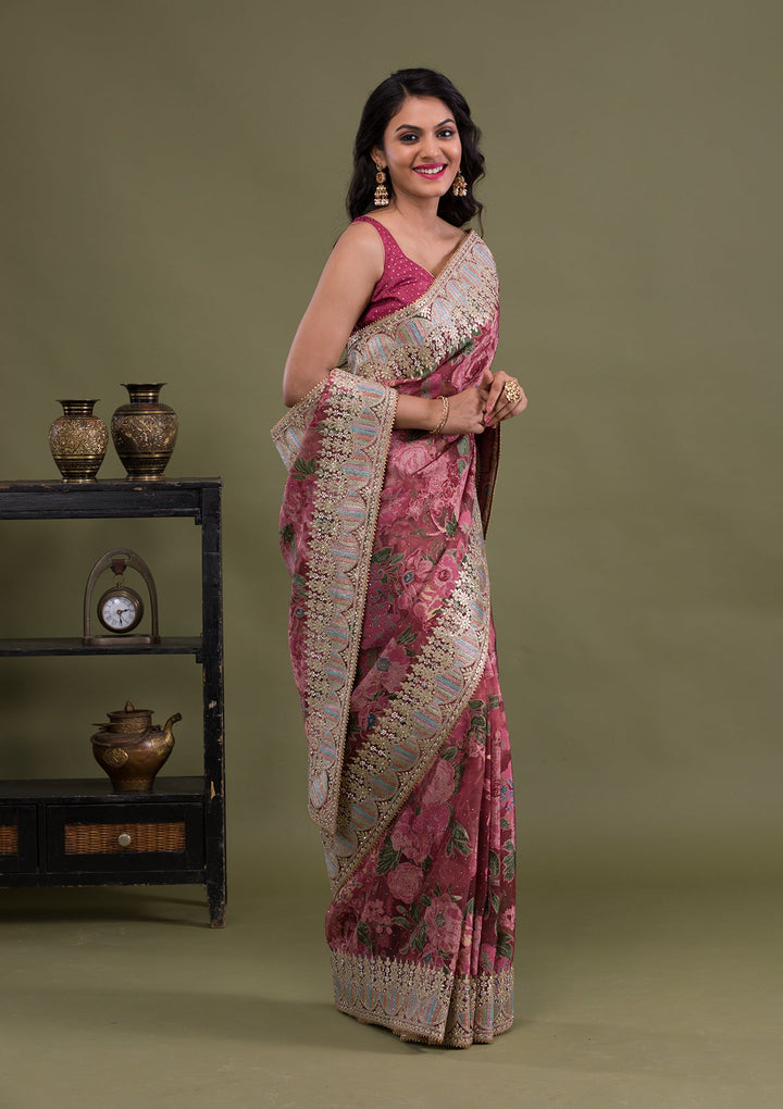 Onion Pink Stonework Tissue Saree-Koskii