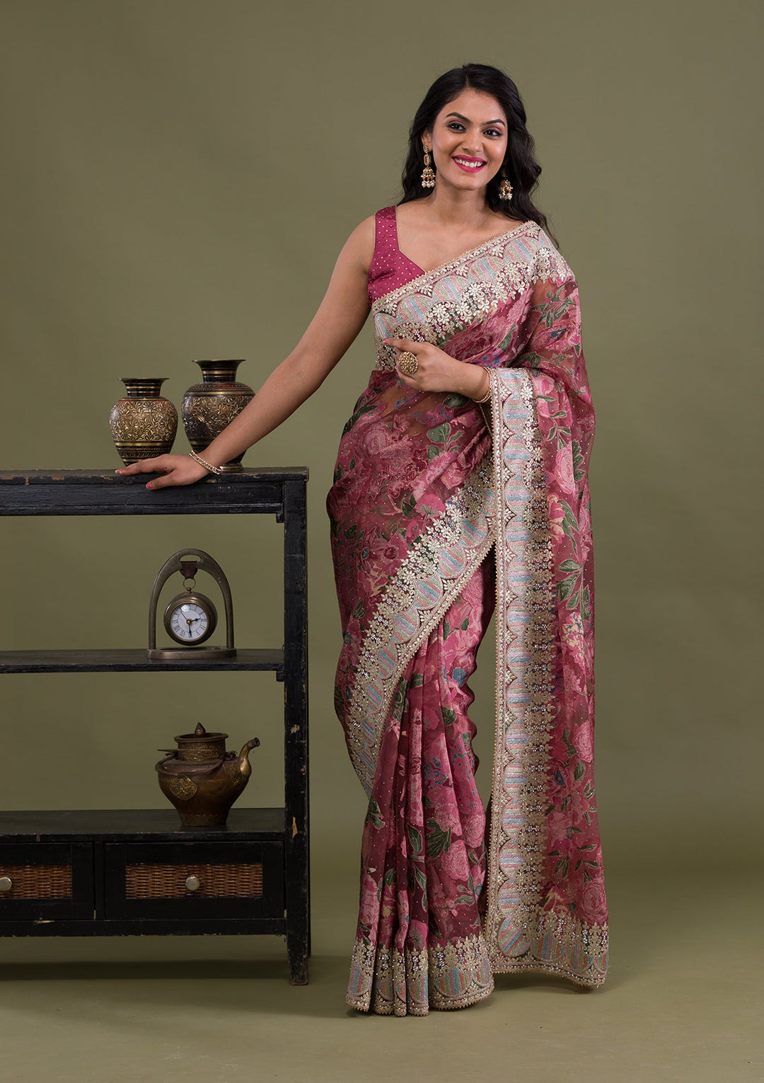 Onion Pink Stonework Tissue Saree-Koskii