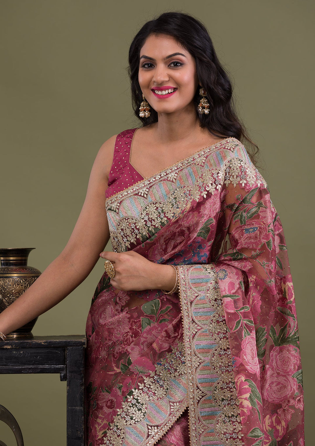 Onion Pink Stonework Tissue Saree-Koskii