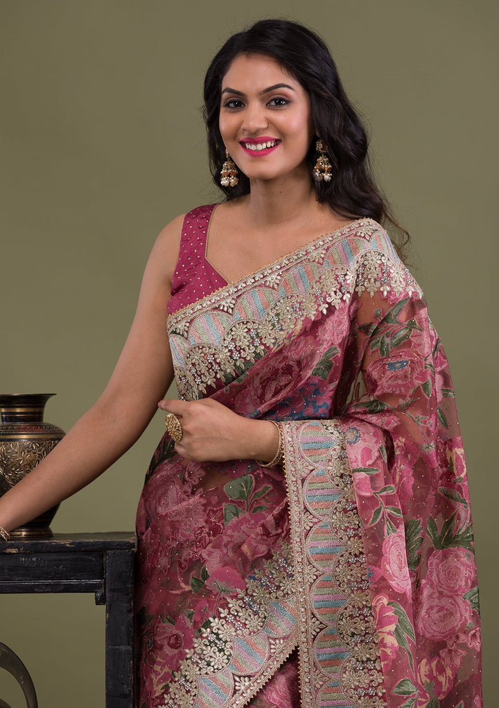 Onion Pink Stonework Tissue Saree-Koskii
