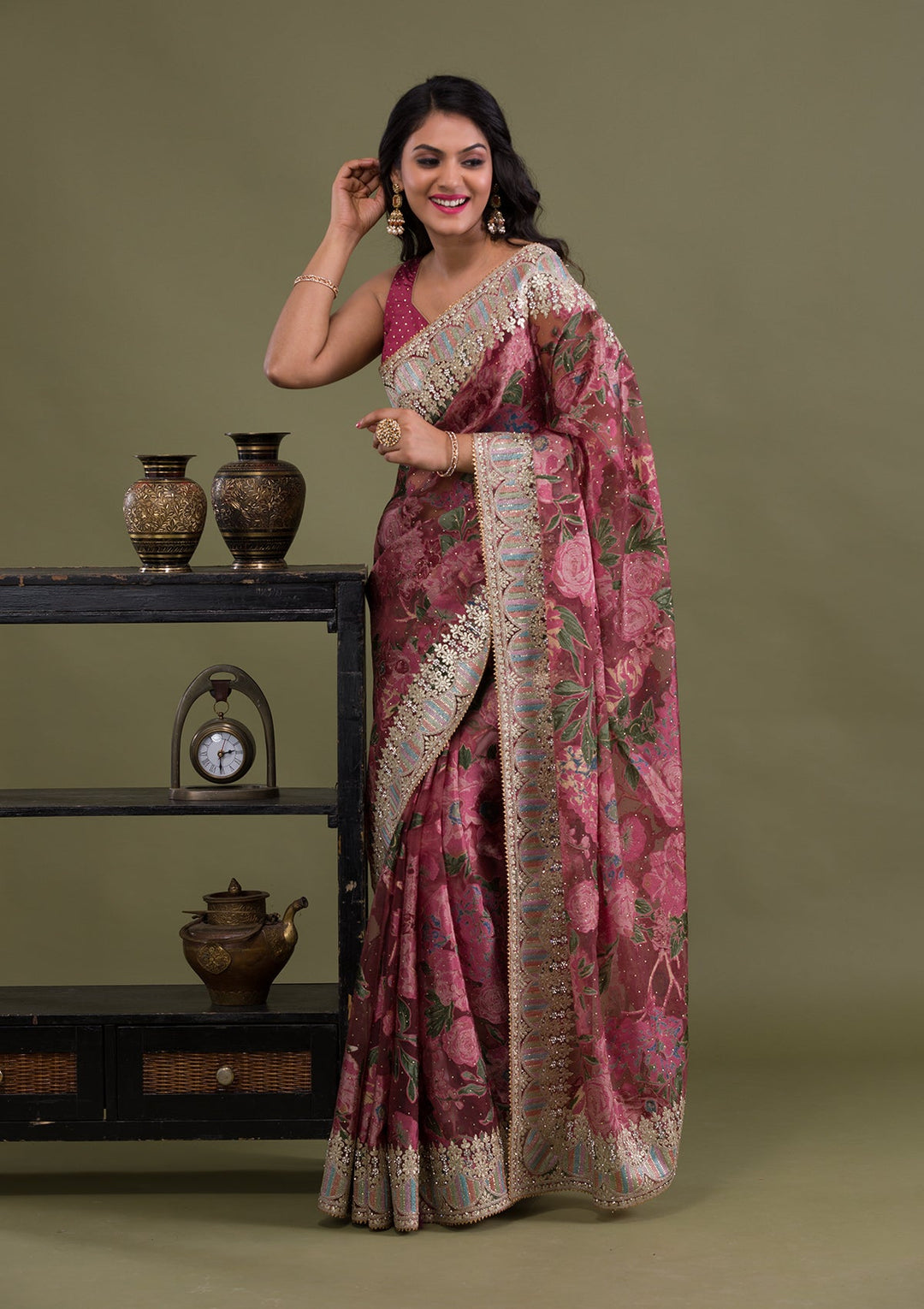 Onion Pink Stonework Tissue Saree-Koskii