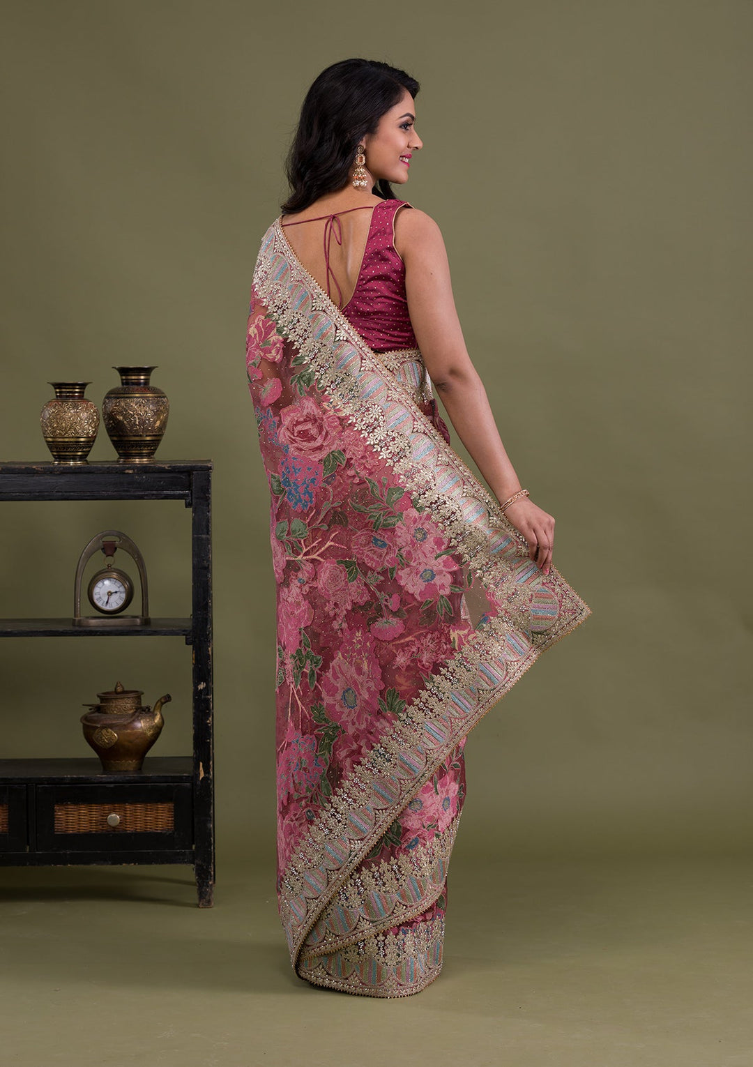 Onion Pink Stonework Tissue Saree-Koskii