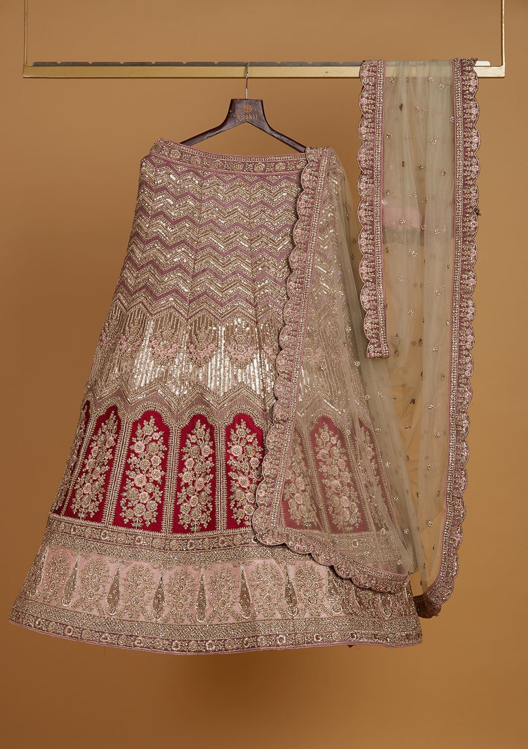 Onion Pink Stonework Velvet Designer Semi-Stitched Lehenga - Koskii