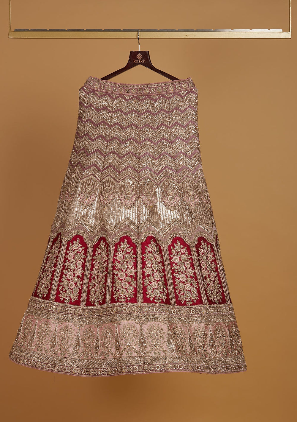 Onion Pink Stonework Velvet Designer Semi-Stitched Lehenga - Koskii