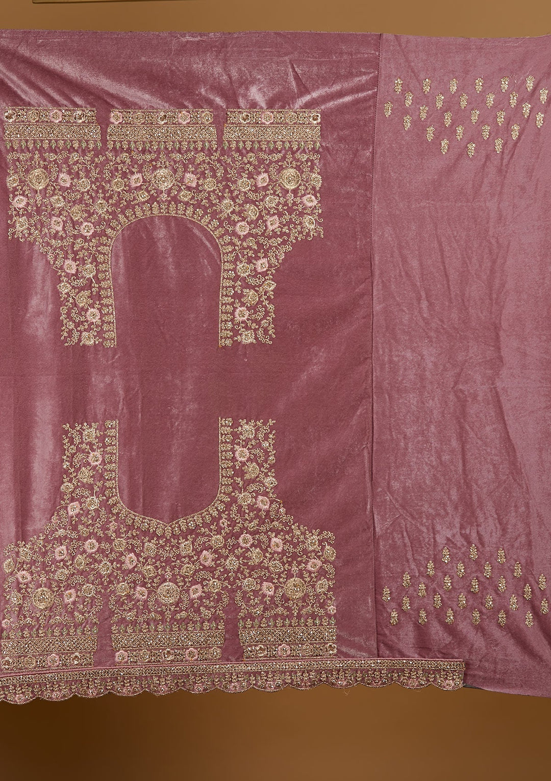 Onion Pink Stonework Velvet Designer Semi-Stitched Lehenga - Koskii