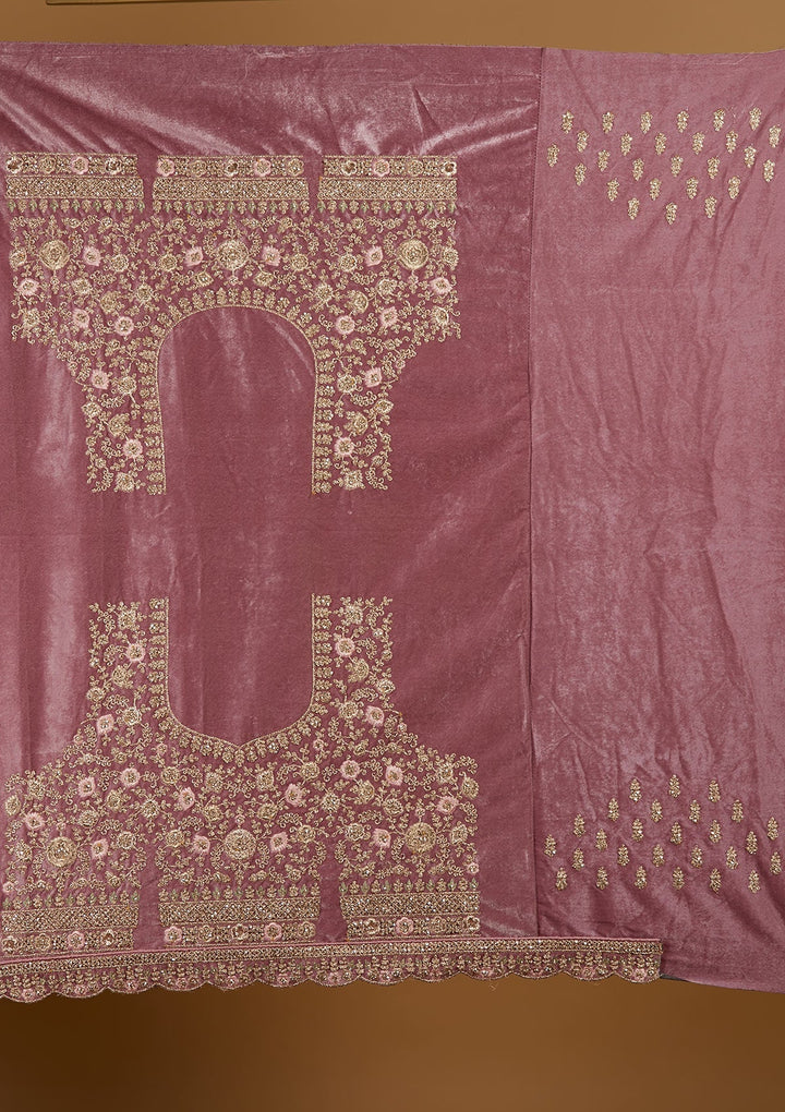 Onion Pink Stonework Velvet Designer Semi-Stitched Lehenga - Koskii