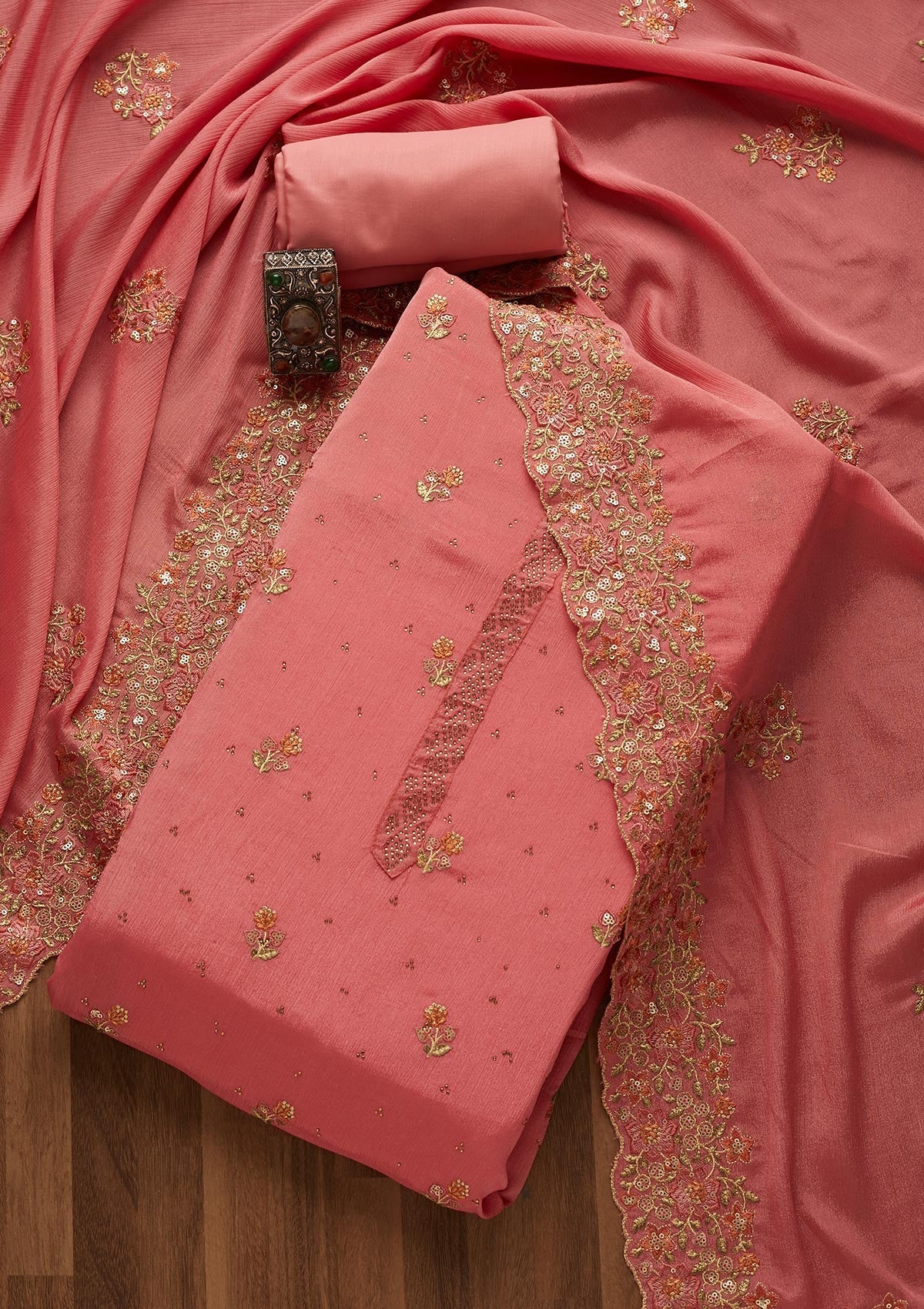 Onion Pink Swarovski Georgette Unstitched Salwar Suit-Koskii