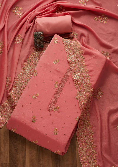 Onion Pink Swarovski Georgette Unstitched Salwar Suit-Koskii