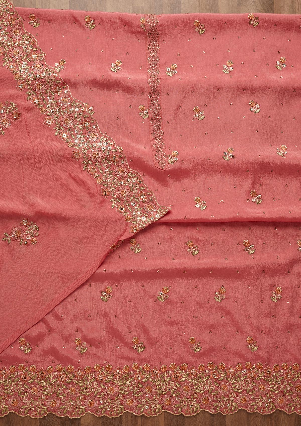 Onion Pink Swarovski Georgette Unstitched Salwar Suit-Koskii