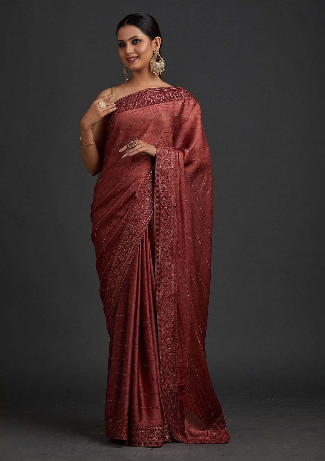 Onion Pink Swarovski Georgette Designer Saree - koskii