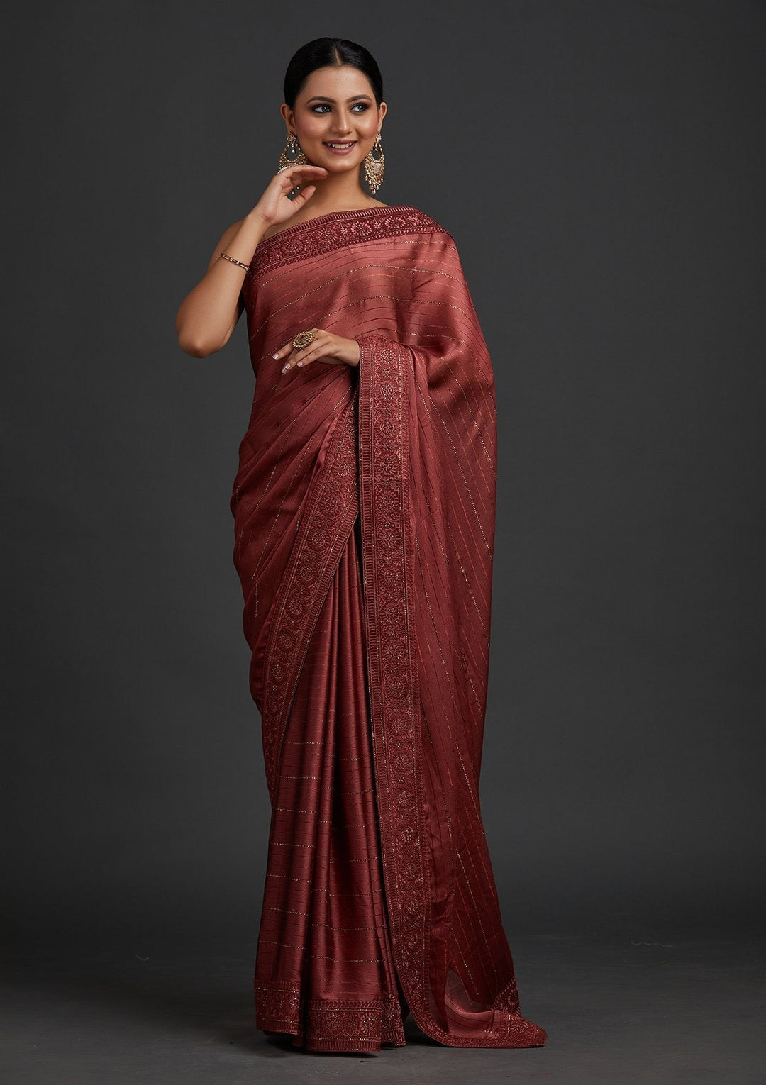 Onion Pink Swarovski Georgette Designer Saree - koskii