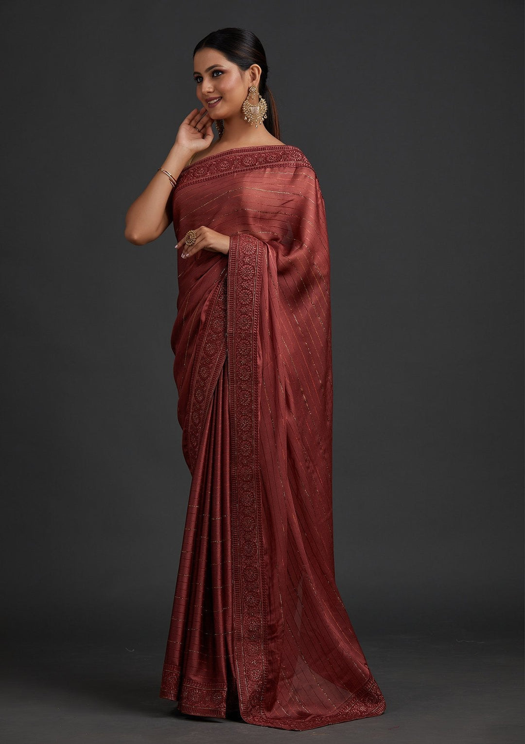 Onion Pink Swarovski Georgette Designer Saree - koskii