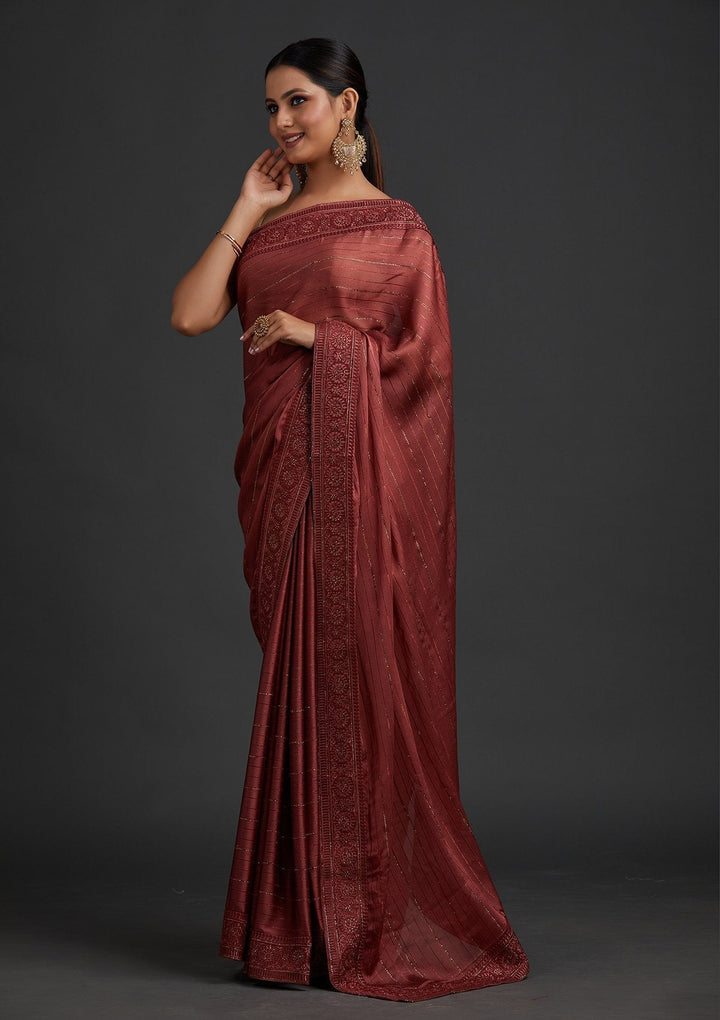 Onion Pink Swarovski Georgette Designer Saree - koskii