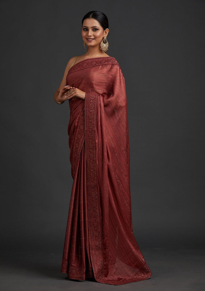 Onion Pink Swarovski Georgette Designer Saree - koskii