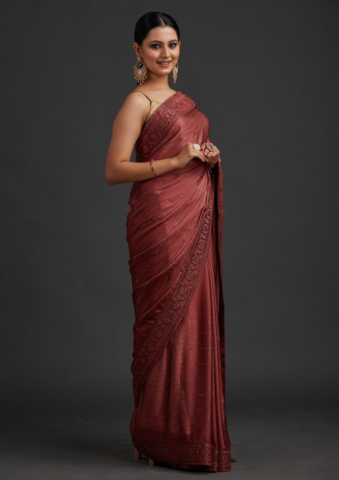 Onion Pink Swarovski Georgette Designer Saree - koskii