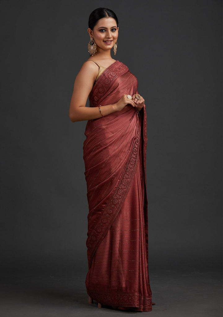 Onion Pink Swarovski Georgette Designer Saree - koskii