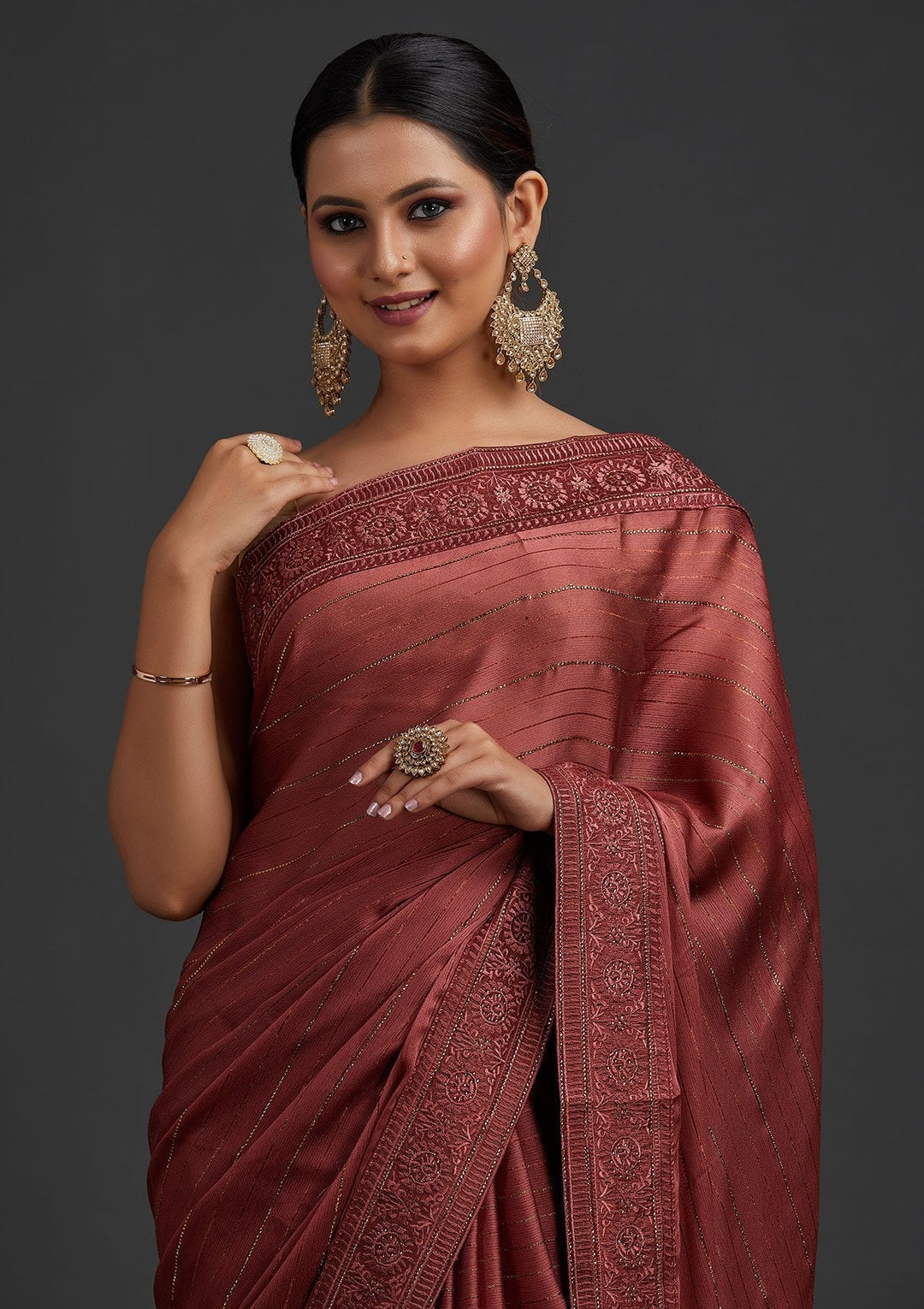 Onion Pink Swarovski Georgette Designer Saree - koskii