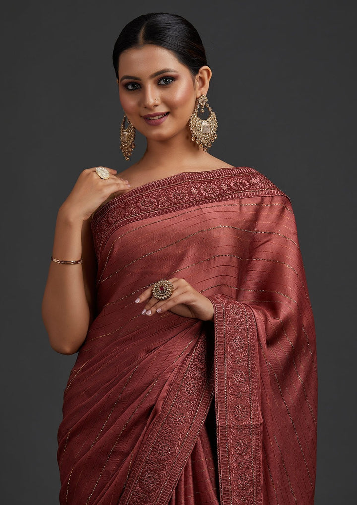 Onion Pink Swarovski Georgette Designer Saree - koskii