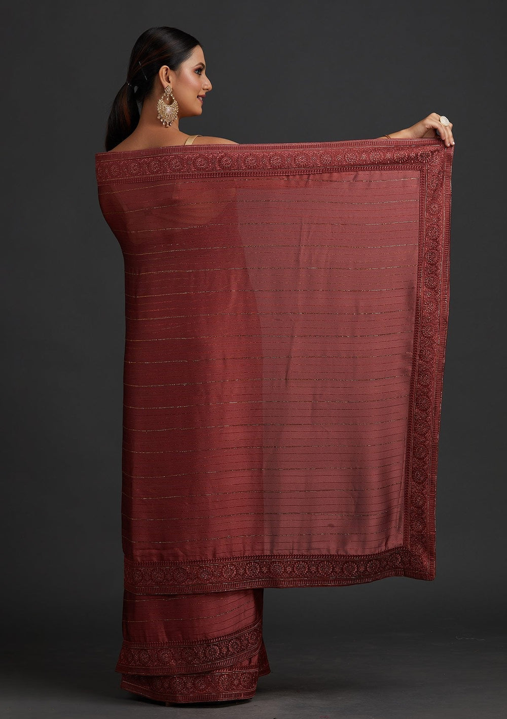 Onion Pink Swarovski Georgette Designer Saree - koskii