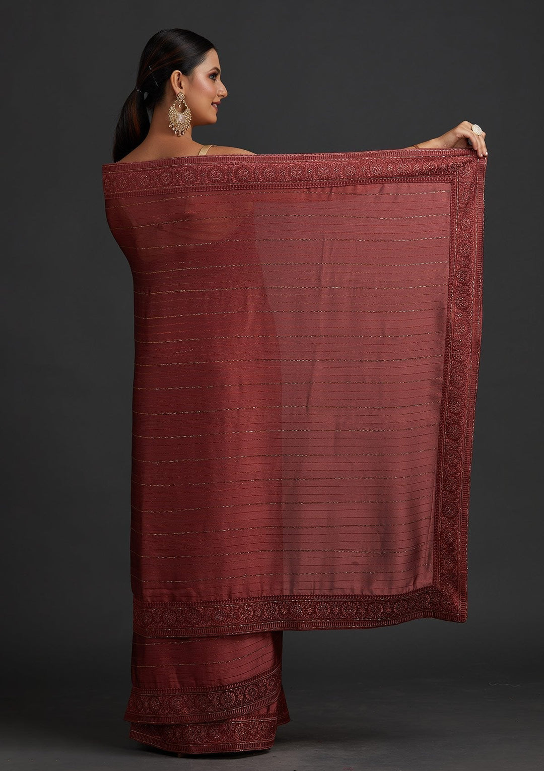 Onion Pink Swarovski Georgette Designer Saree - koskii